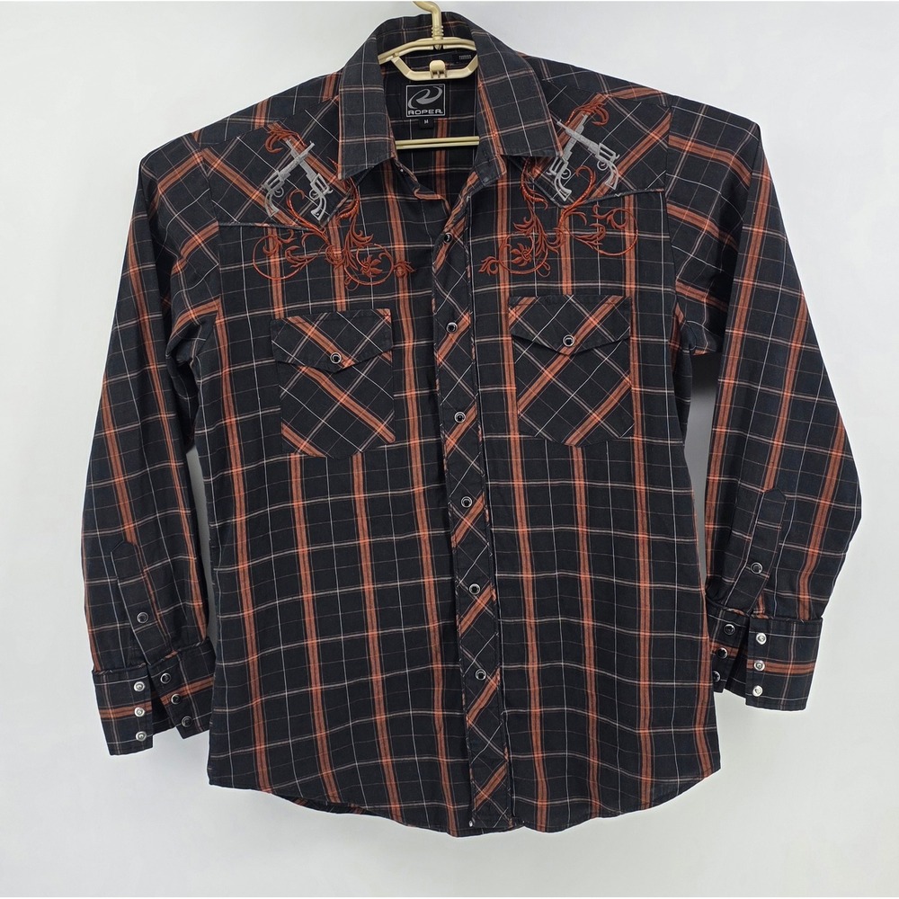 Roper Mens Size M Medium Shirt Vintage Western Plaid Embroidered Pistols Cowboy